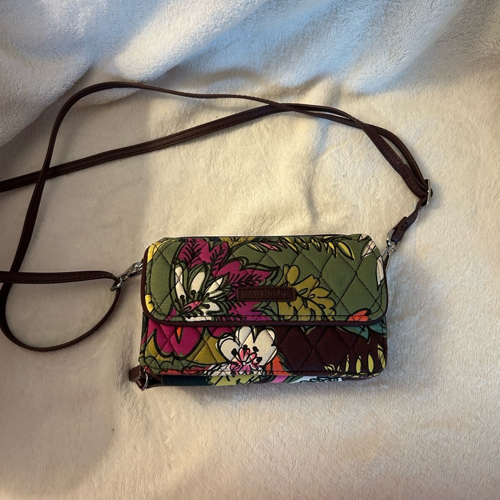 Vera Bradley Green and Pink Crossbody Wallet with Floral Design